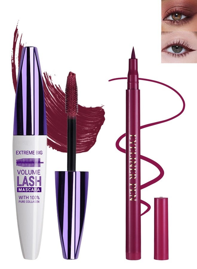 Lestpola Burgundy Waterproof Mascara & Eyeliner, 5D Silk Fiber Lash Extension Colored Tube Mascara Volume and Length,Long-Lasting Smudge-Proof Volumizing Colorful Máscara & Liquid Eyeliner Pen Set for Women - Image 1